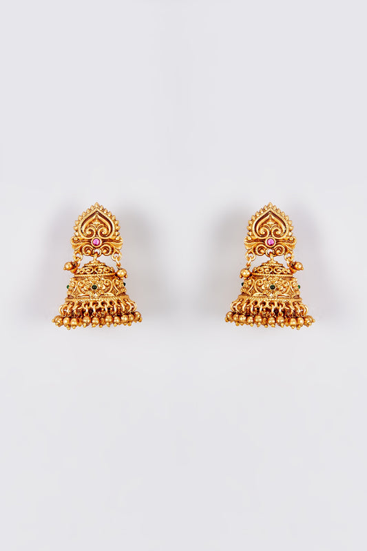 Gold Finish Kundan Polki Temple Jhumka Earrings