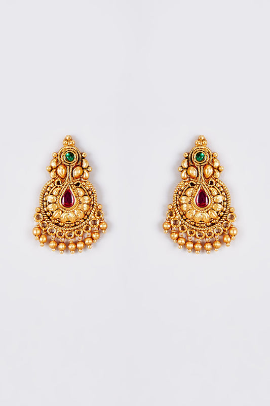 Gold Finish Kundan Polki Temple Dangler Earrings