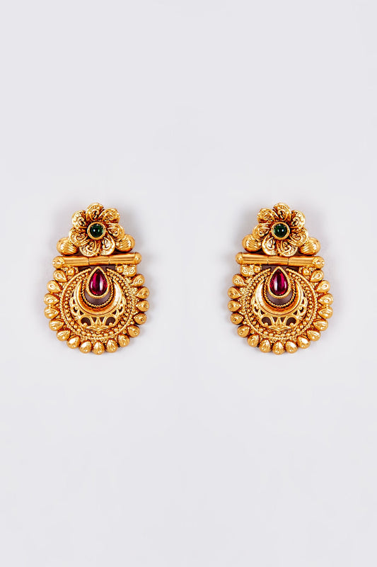 Gold Finish Kundan Polki Temple Dangler Earrings
