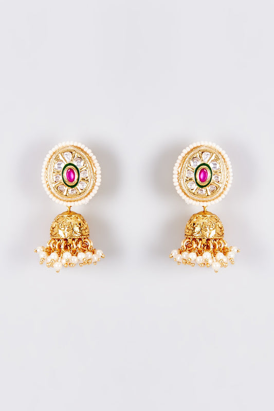 Gold Finish Kundan Polki Temple Jhumka Earrings