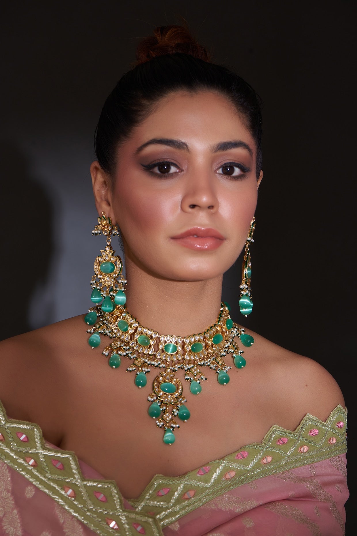 Gold Finish Kundan Polki & Aqua Beaded Choker Necklace Set