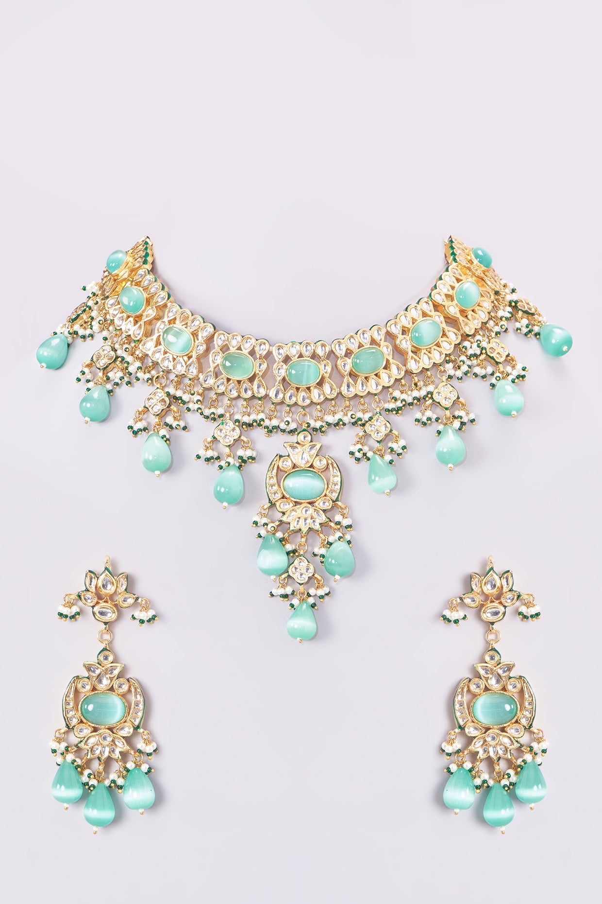 Gold Finish Kundan Polki & Aqua Beaded Choker Necklace Set