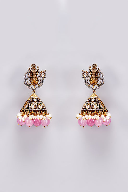 Gold Finish Kundan Polki & Pink Beaded Jhumka Earrings
