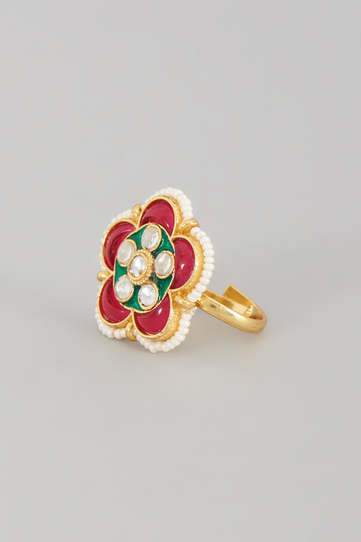 Gold Finish Kundan Polki & Pearl Ring