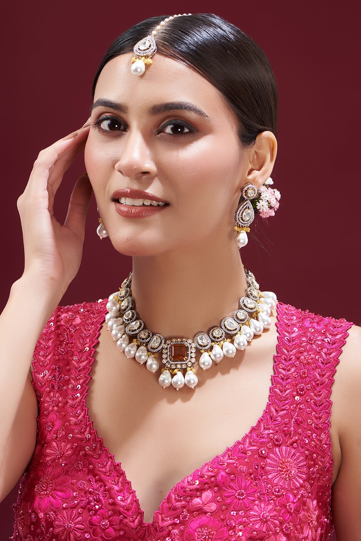 Gold Finish Kundan Polki & Red Stone Necklace Set