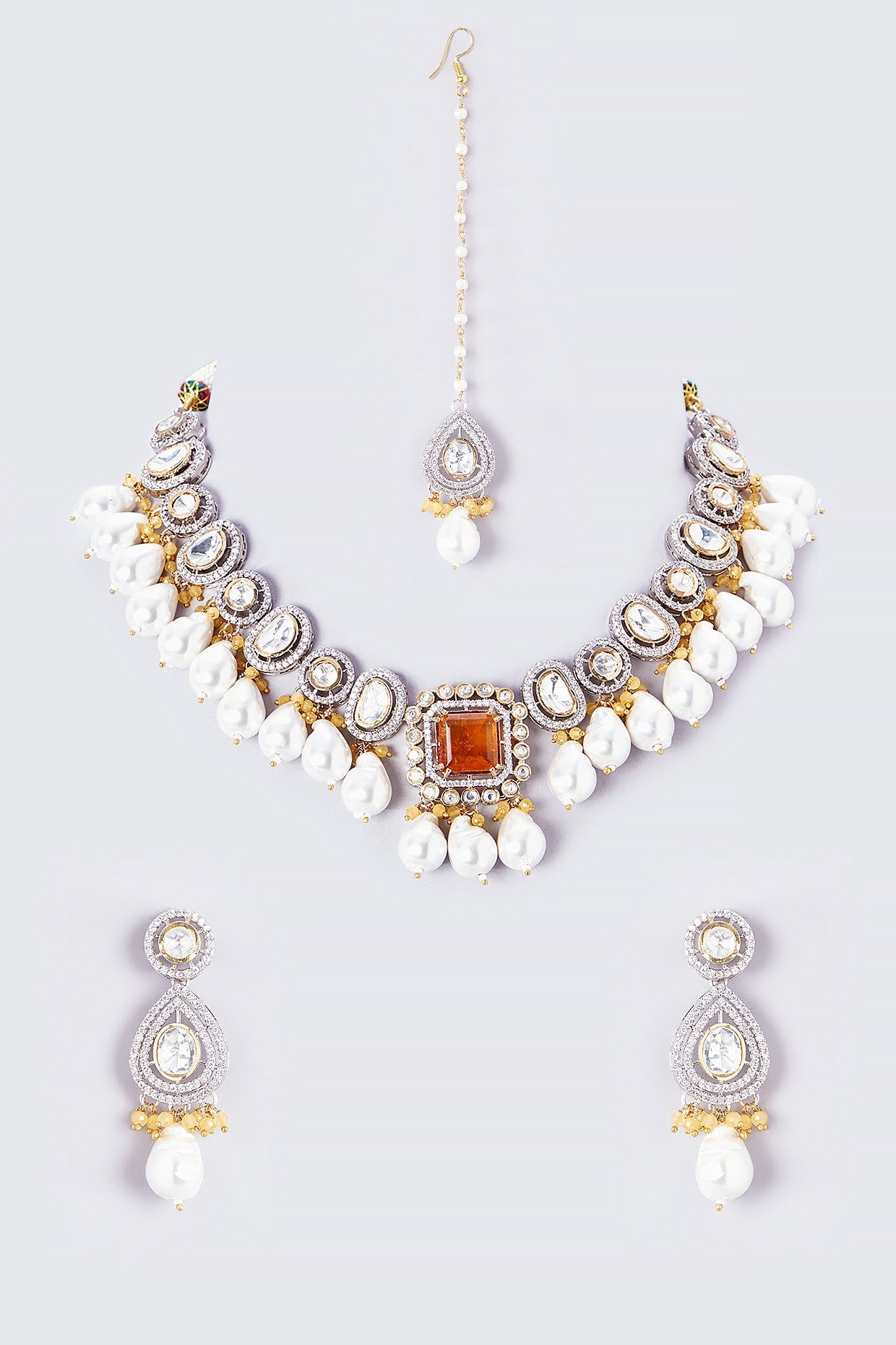 Gold Finish Kundan Polki & Red Stone Necklace Set