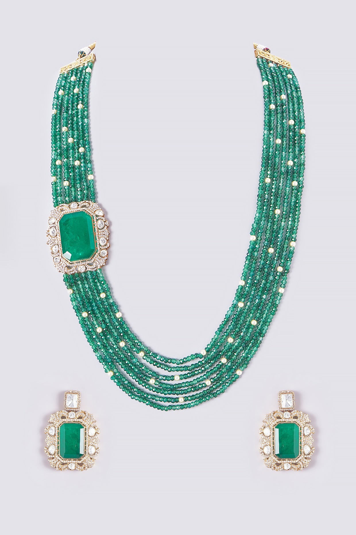 Gold Finish Kundan Polki & Green Beaded Long Necklace set