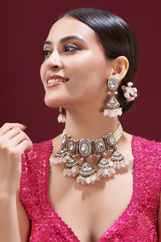 Gold Finish Kundan Polki & Pink Stone Choker Necklace Set