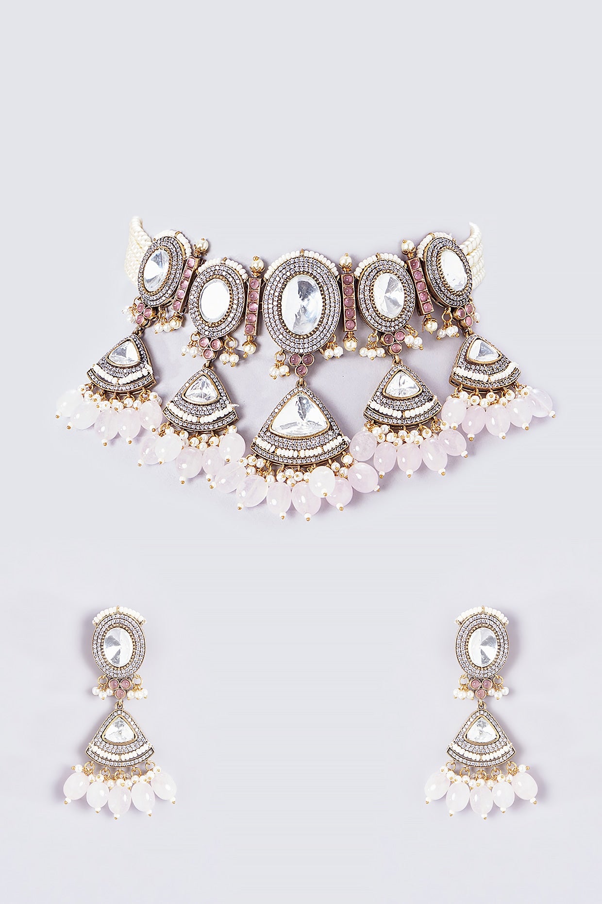 Gold Finish Kundan Polki & Pink Stone Choker Necklace Set