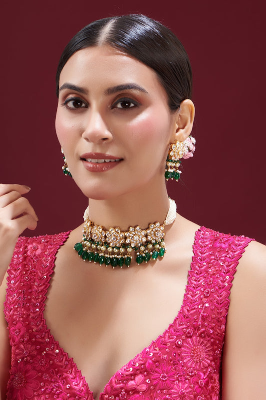 Gold Finish Kundan Polki & Green Beaded Choker Necklace Set