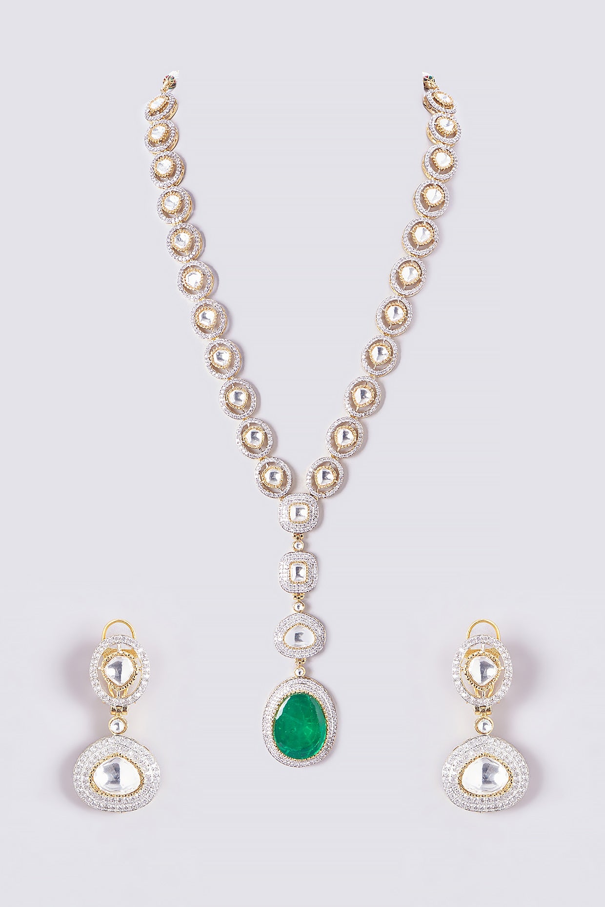 Gold Finish Kundan Polki & Emerald Long Necklace set