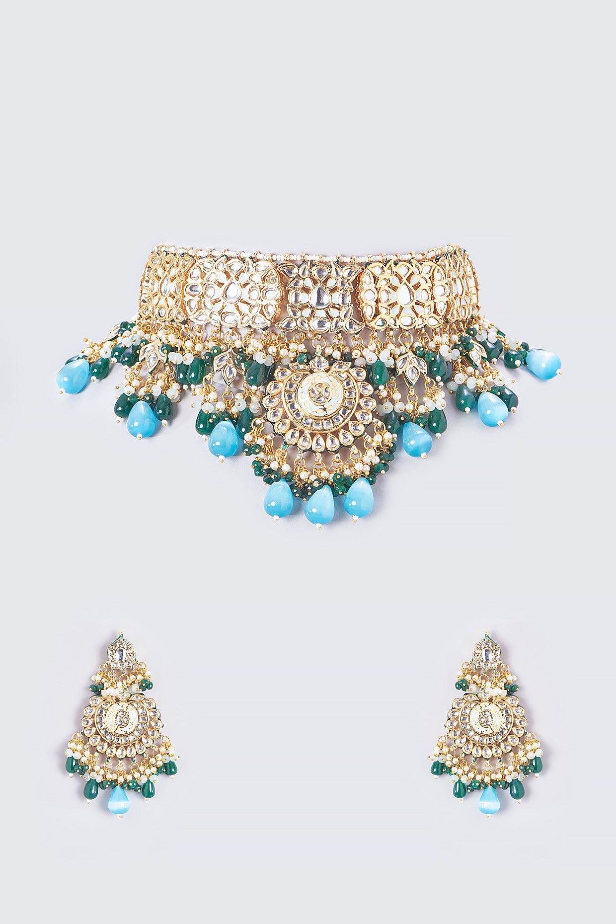 Gold Finish Kundan Polki & Beaded Necklace Set