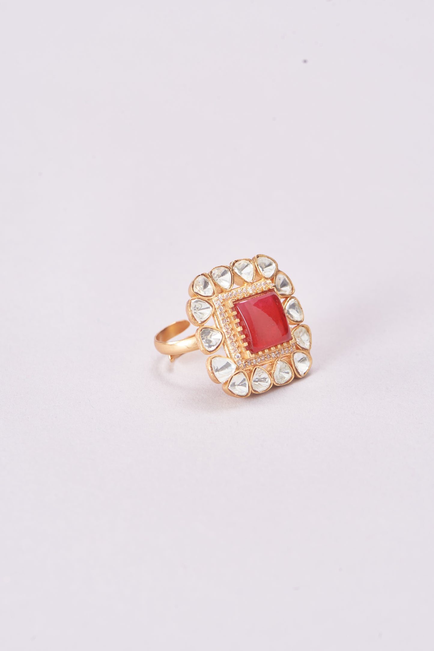 Gold Finish Kundan Polki & Red Stone Ring