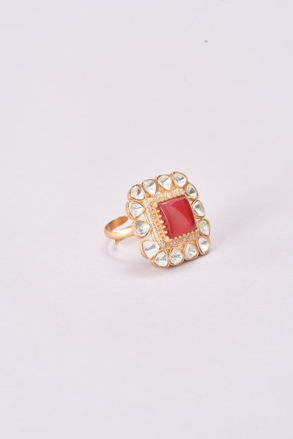Gold Finish Kundan Polki & Red Stone Ring