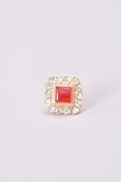 Gold Finish Kundan Polki & Red Stone Ring