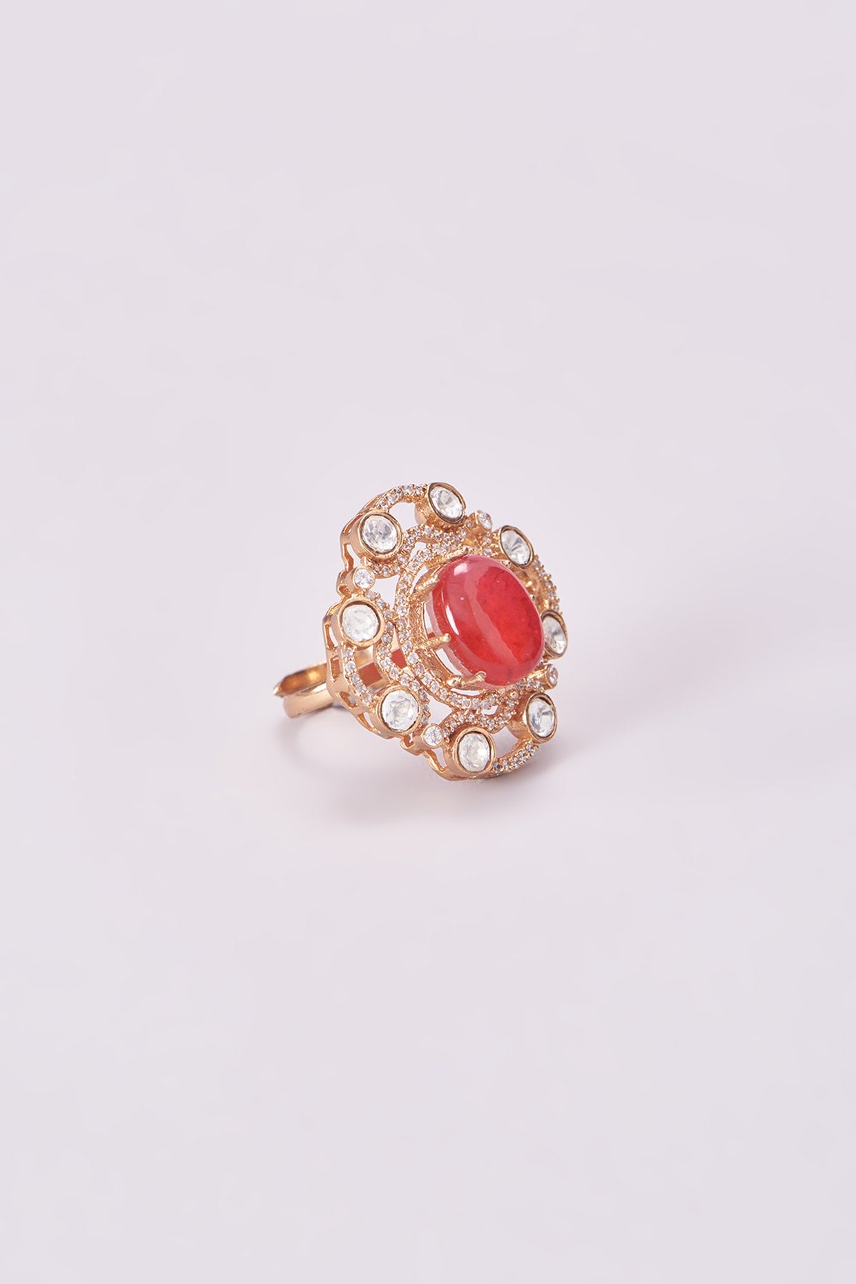 Gold Finish Kundan Polki & Red Stone Ring