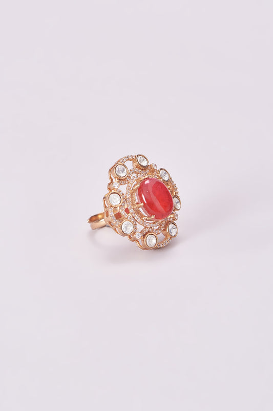 Gold Finish Kundan Polki & Red Stone Ring