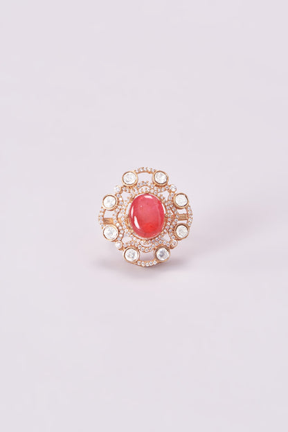 Gold Finish Kundan Polki & Red Stone Ring