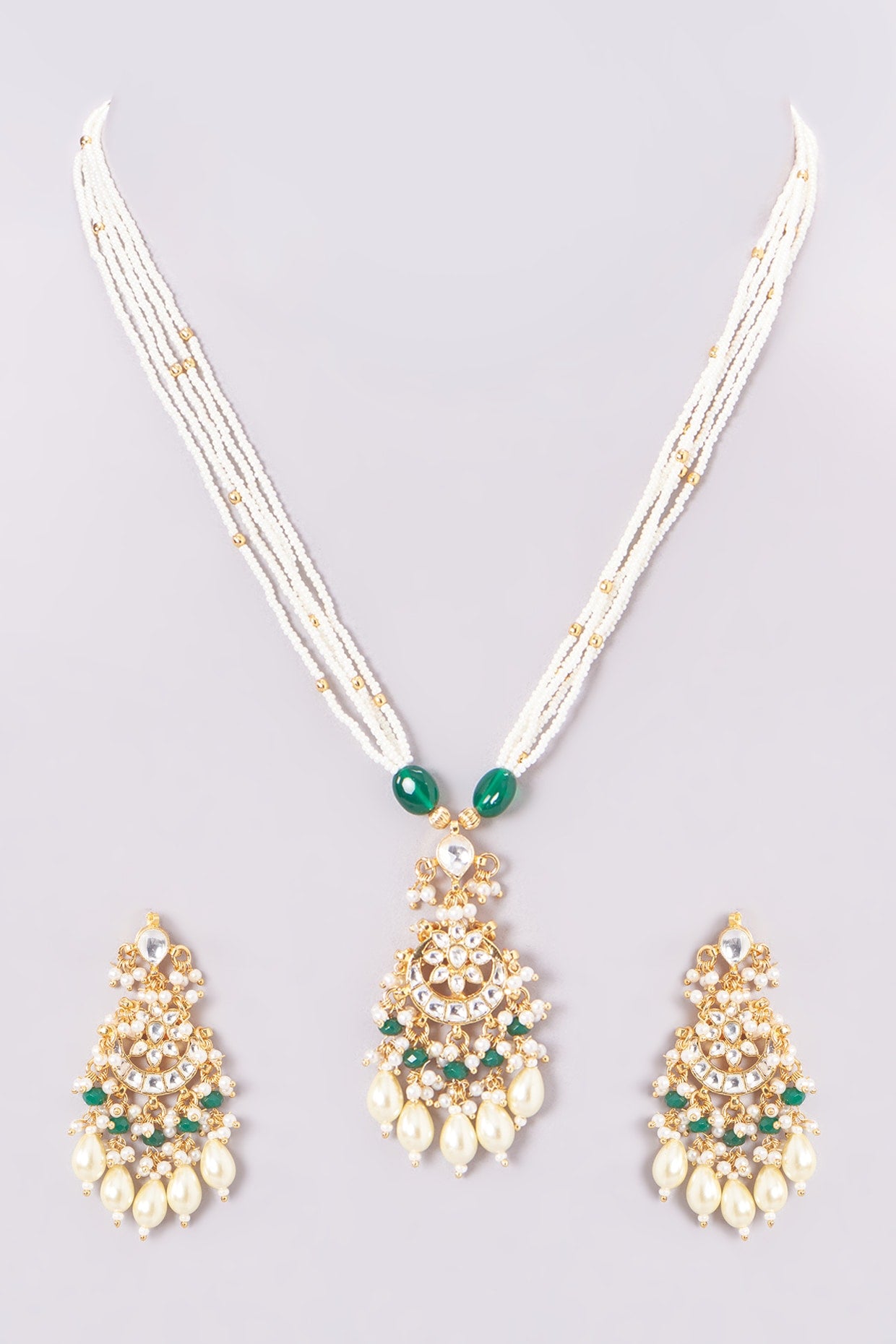 Gold Finish Kundan Polki & Green Stone Long Necklace Set