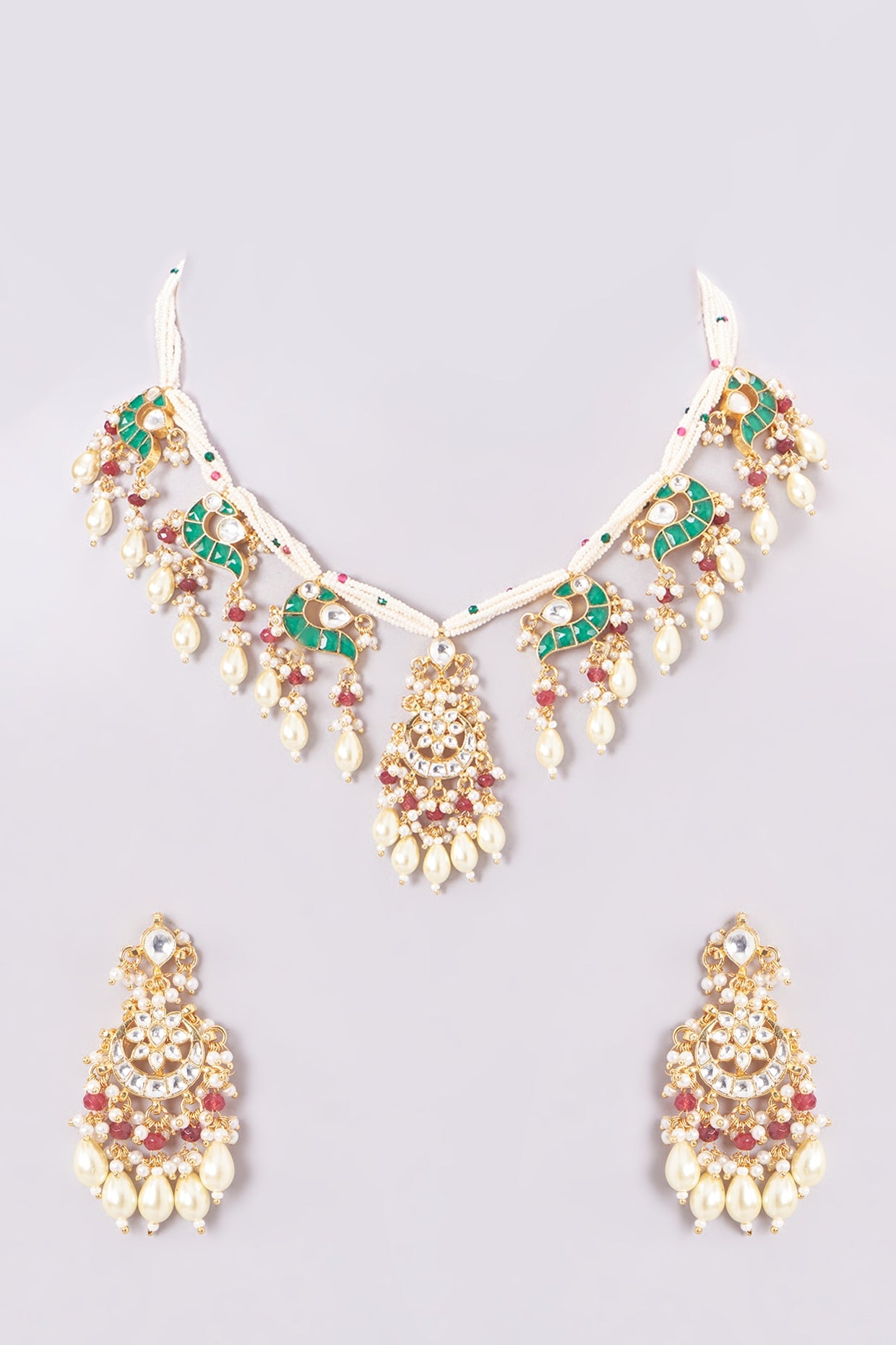 Gold Finish Kundan Polki & Green Stone Necklace Set