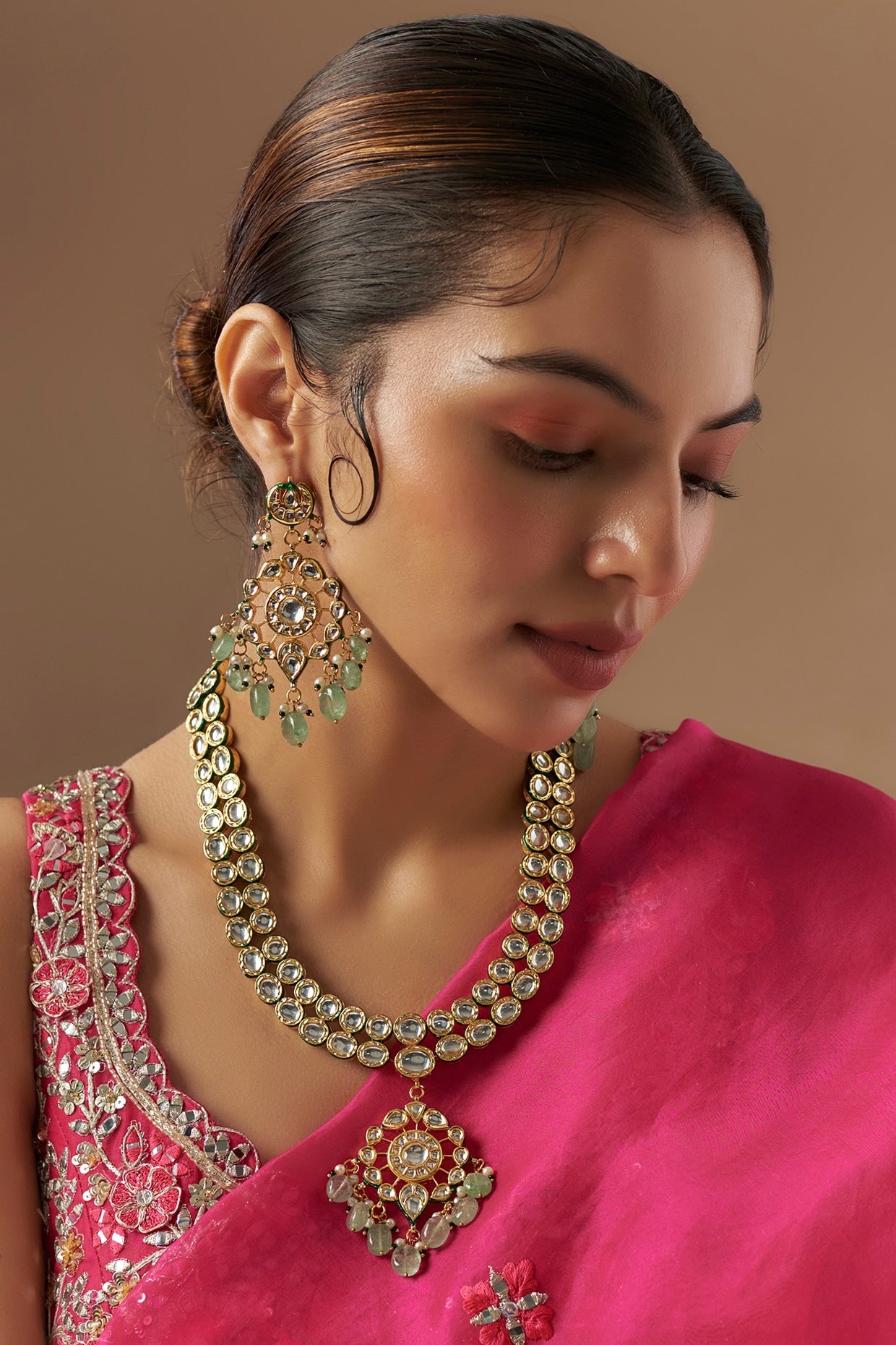 Gold Finish Kundan Polki & Emerald Stone Long Necklace Set