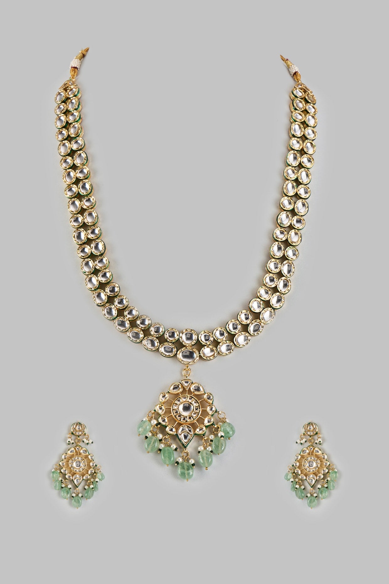 Gold Finish Kundan Polki & Emerald Stone Long Necklace Set