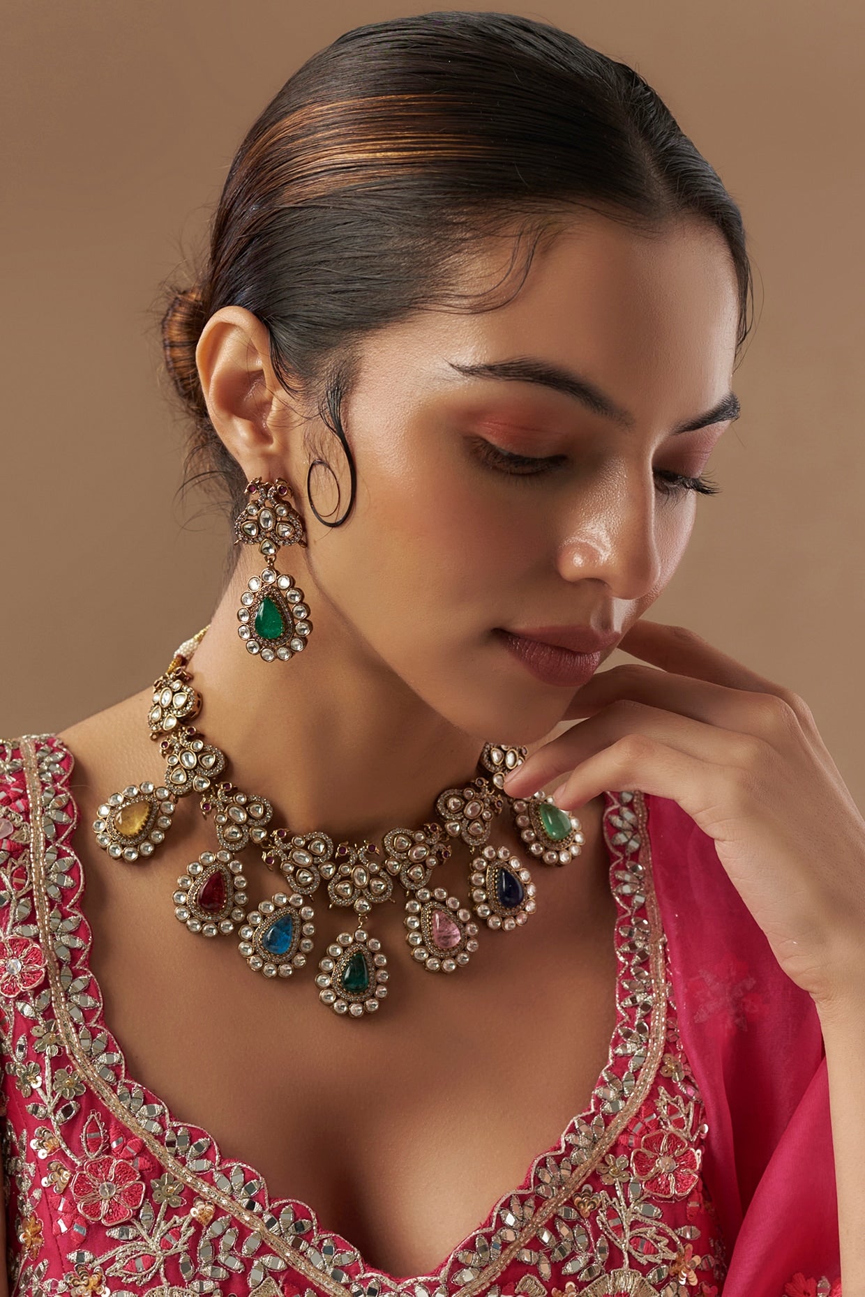 Gold Finish Kundan Polki & Multi-Colored Stone Necklace Set