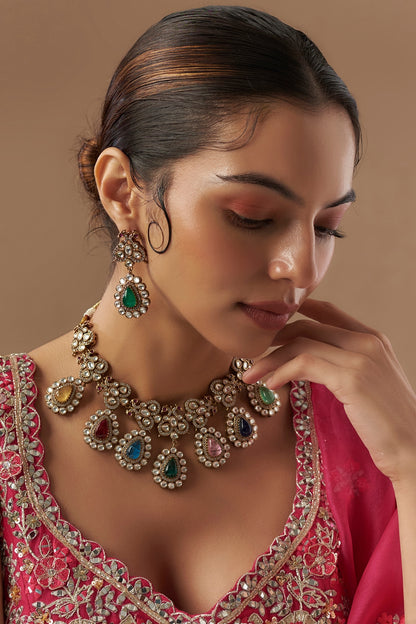 Gold Finish Kundan Polki & Multi-Colored Stone Necklace Set