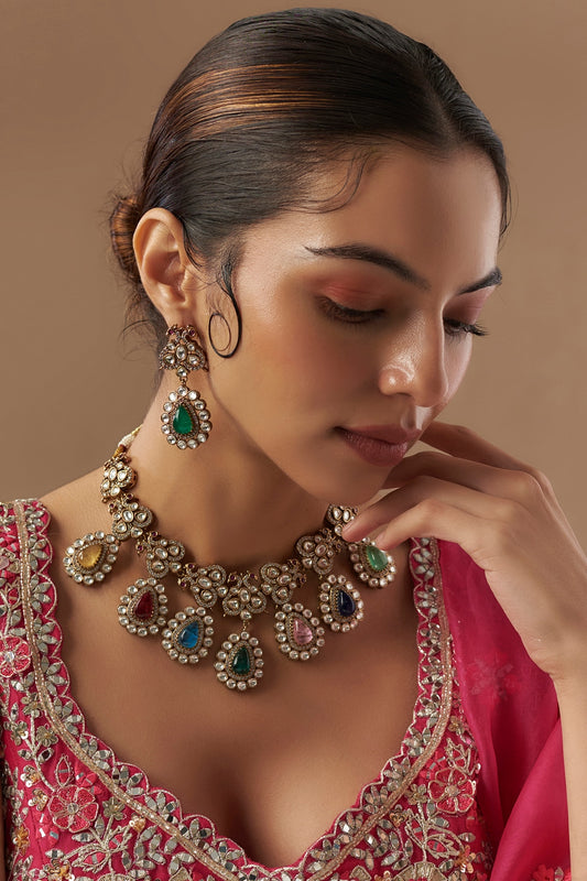 Gold Finish Kundan Polki & Multi-Colored Stone Necklace Set