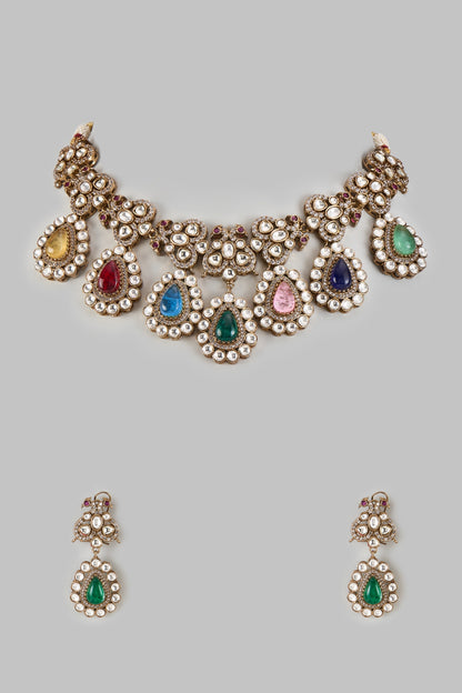 Gold Finish Kundan Polki & Multi-Colored Stone Necklace Set