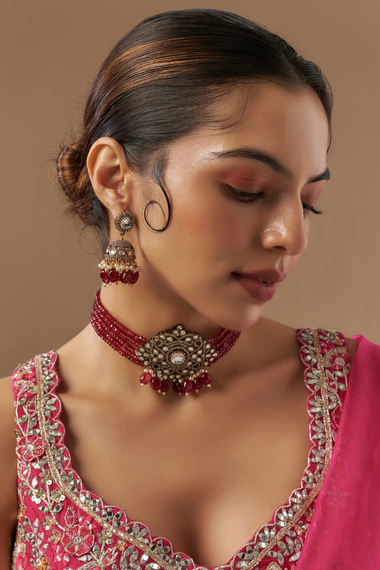 Gold Finish Kundan Polki & Ruby Stone Choker Necklace Set