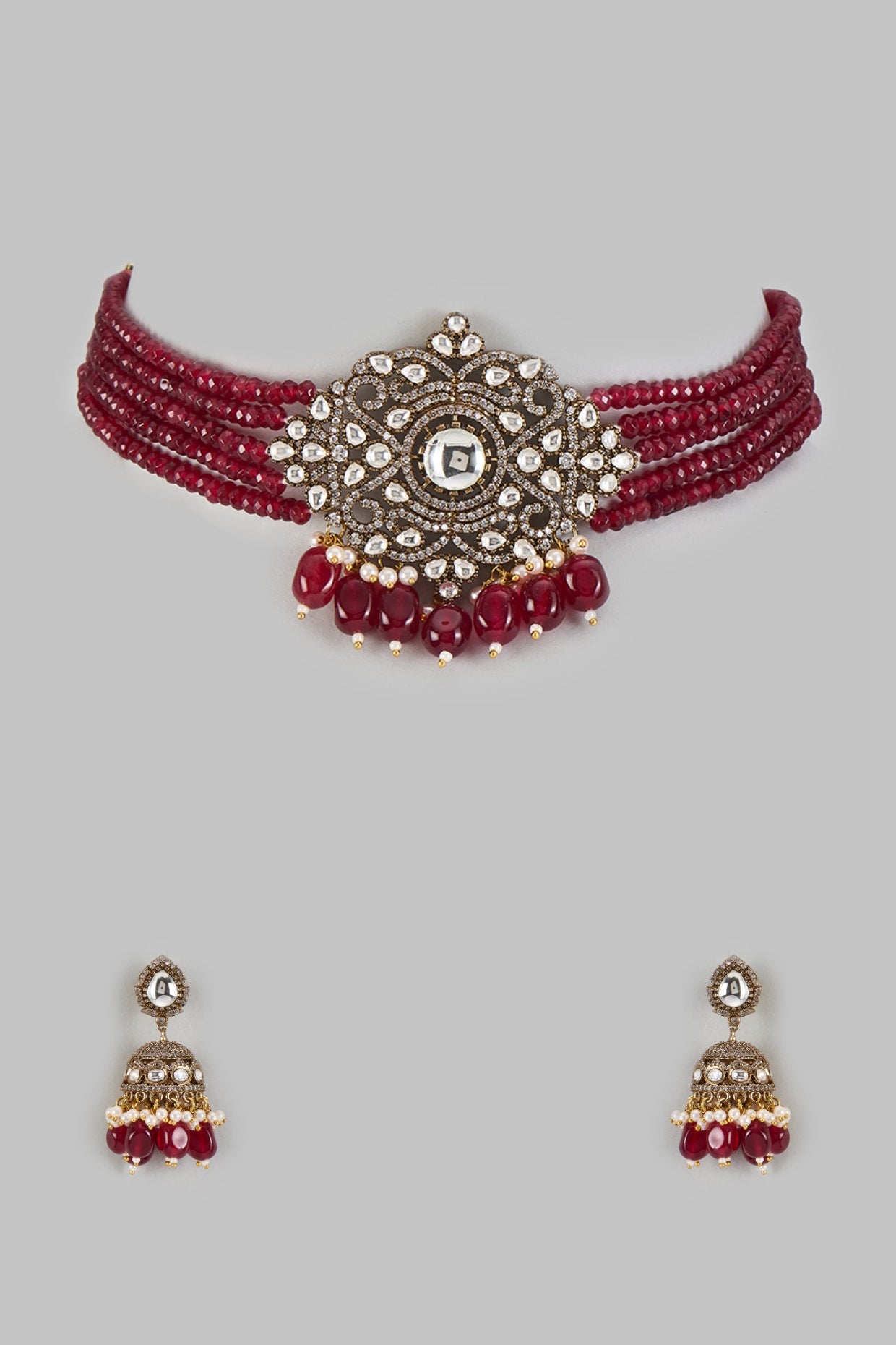 Gold Finish Kundan Polki & Ruby Stone Choker Necklace Set