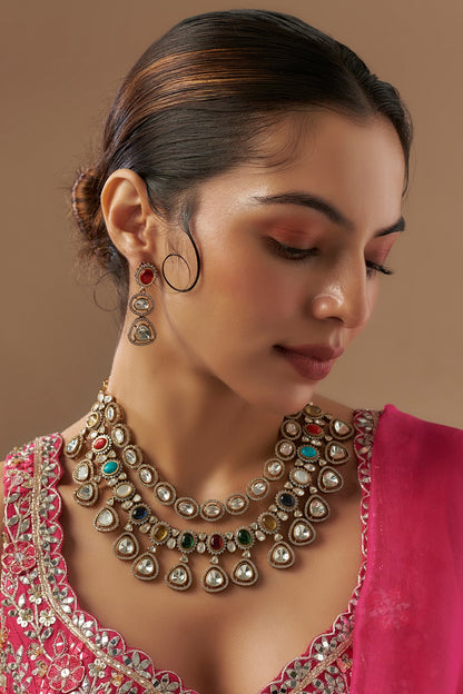Gold Finish Kundan Polki & Multi-Colored Stone Necklace Set