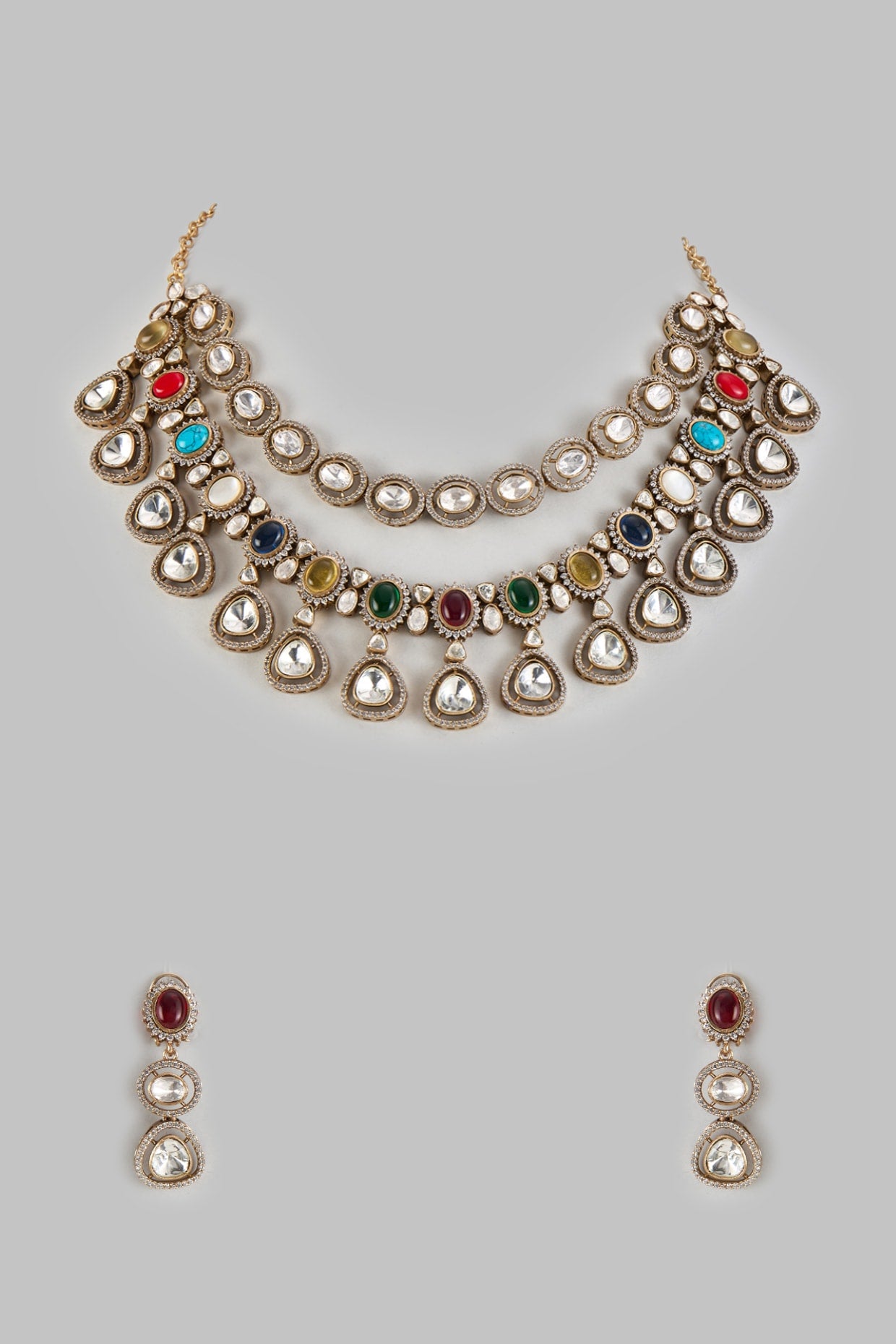 Gold Finish Kundan Polki & Multi-Colored Stone Necklace Set