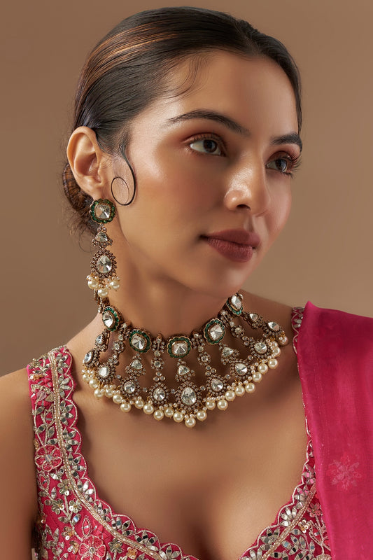 Gold Finish Kundan Polki & Emerald Stone Necklace Set