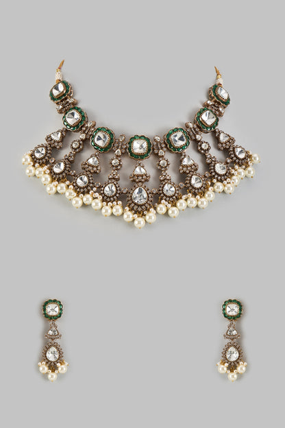Gold Finish Kundan Polki & Emerald Stone Necklace Set
