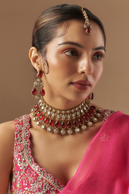 Gold Finish Kundan Polki & Ruby Stone Choker Necklace Set