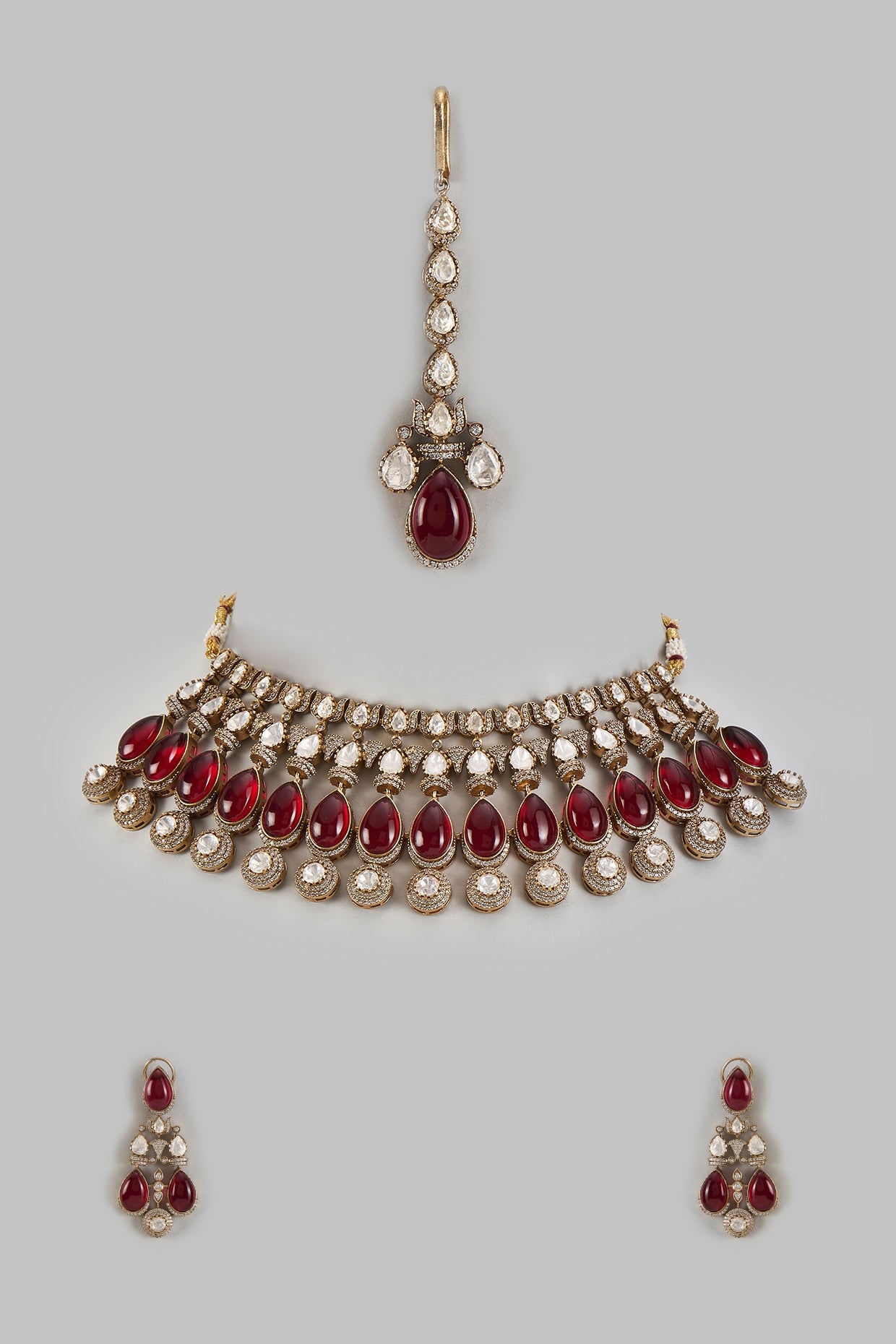 Gold Finish Kundan Polki & Ruby Stone Choker Necklace Set