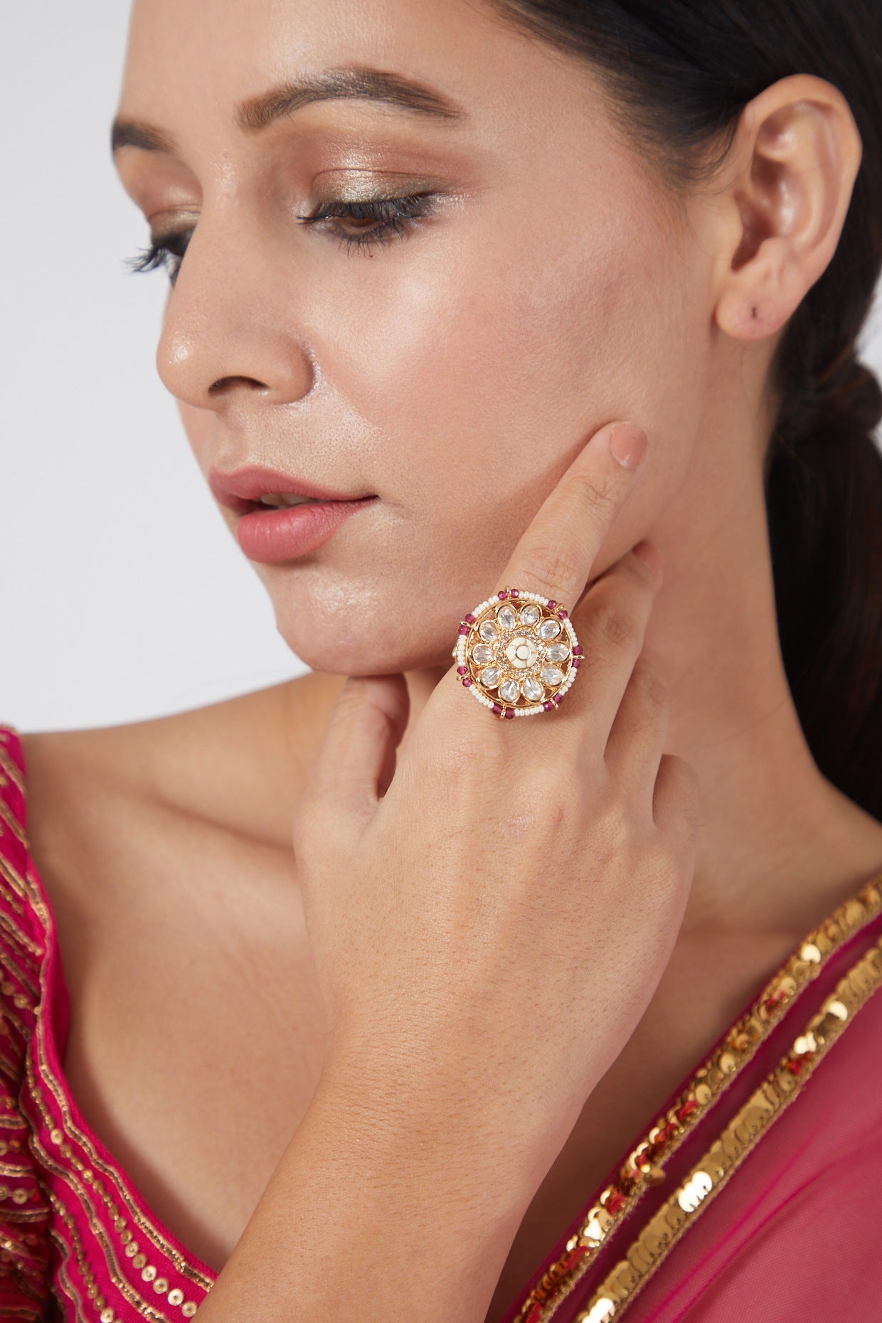 Gold Finish Kundan Polki & Red Stone Ring