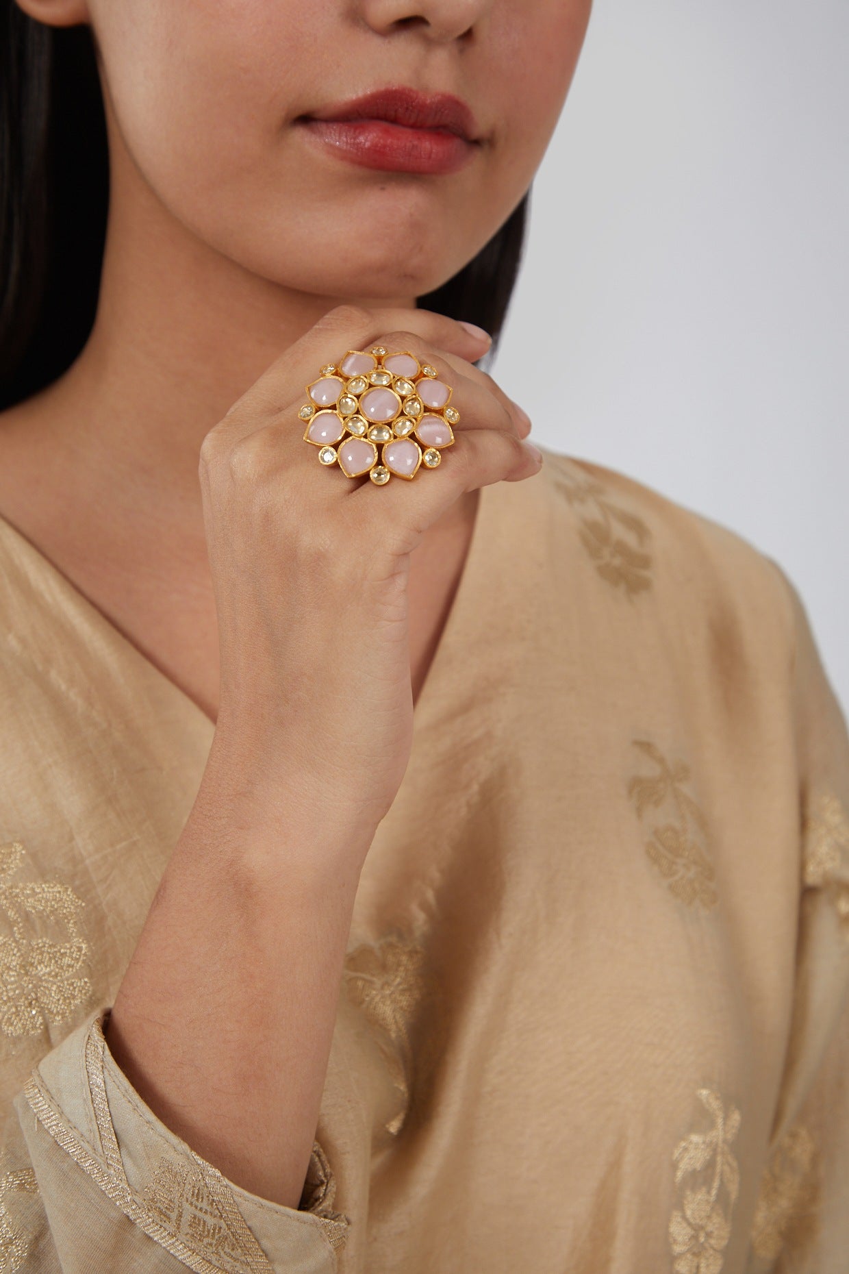 Gold Finish Kundan Polki & Blush Pink Stone Ring