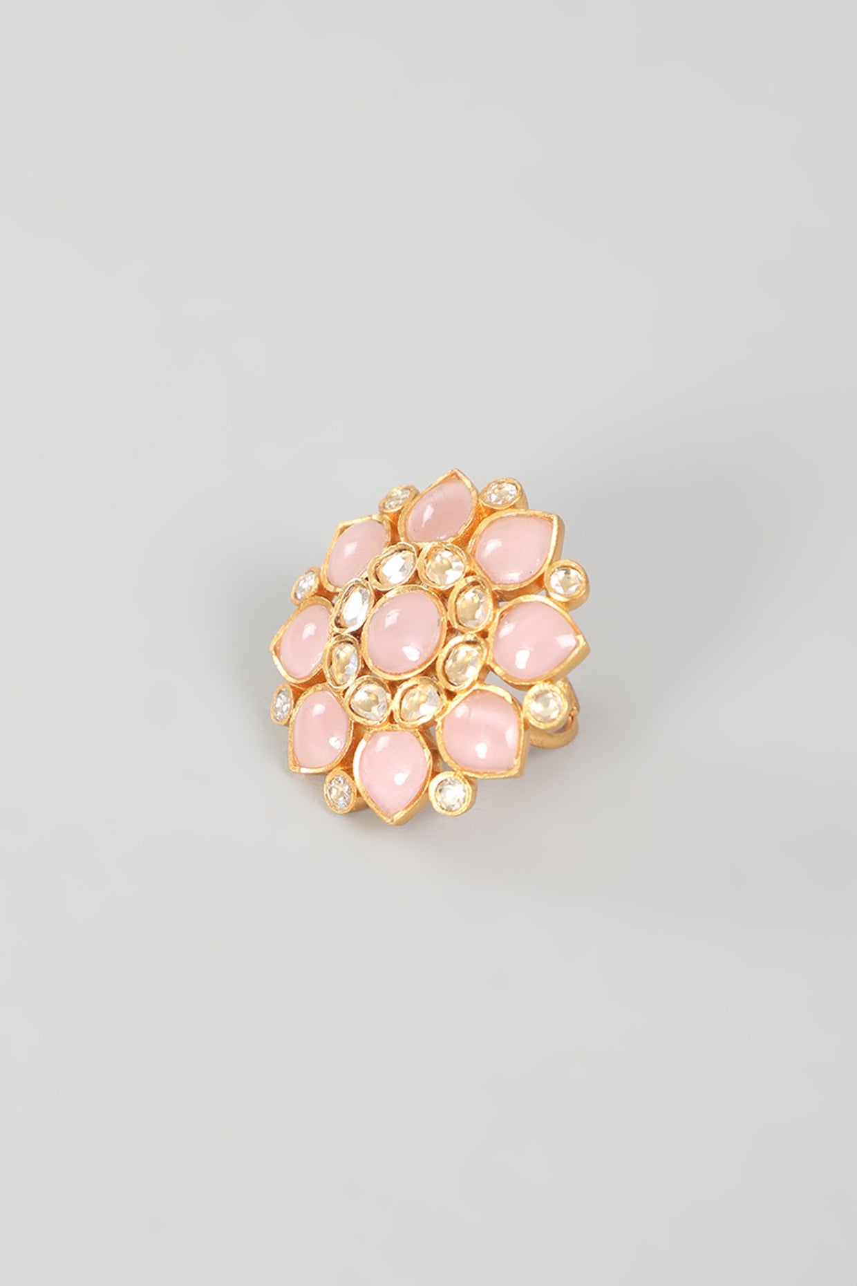 Gold Finish Kundan Polki & Blush Pink Stone Ring