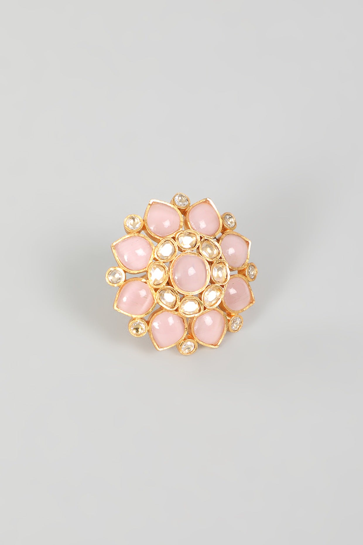 Gold Finish Kundan Polki & Blush Pink Stone Ring