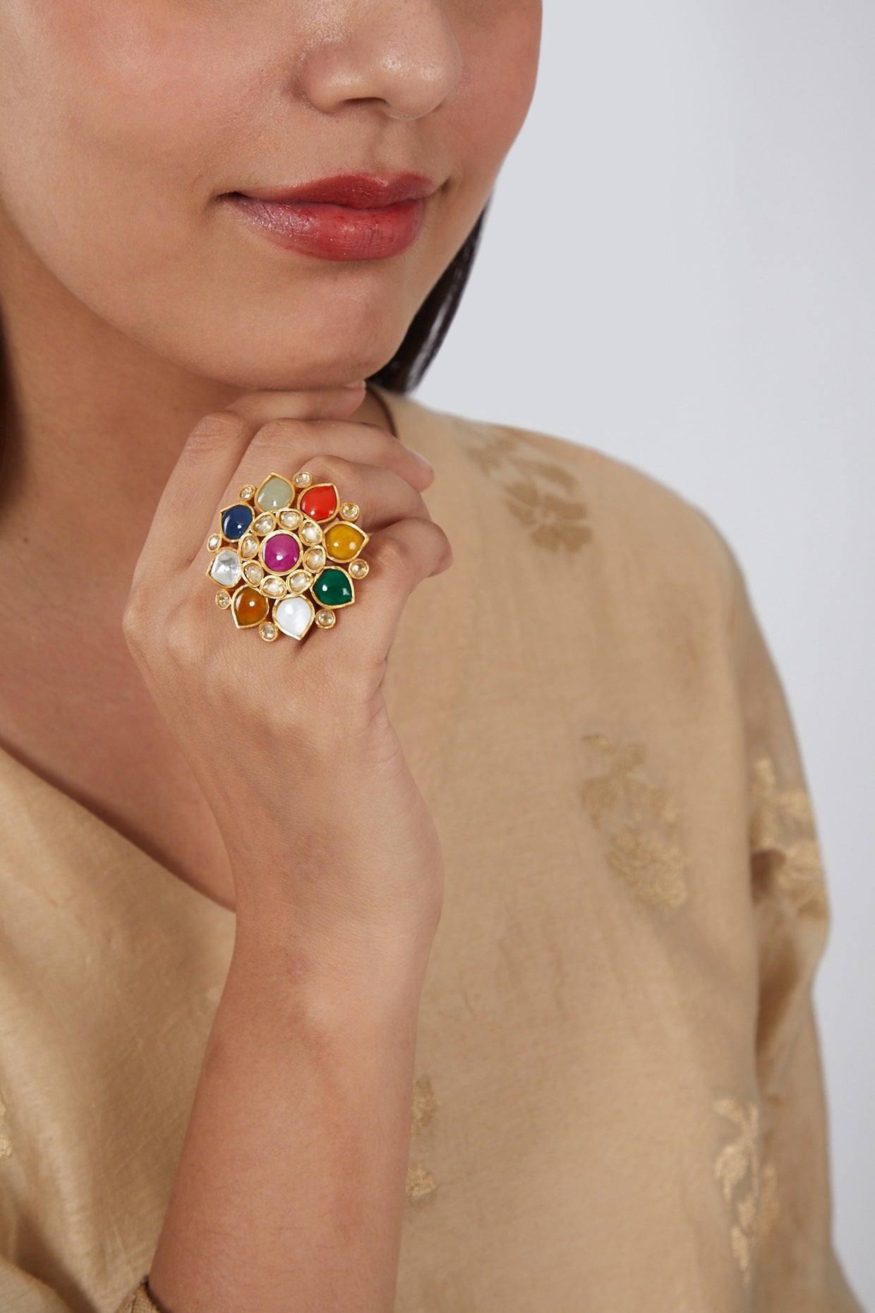 Gold Finish Kundan Polki & Navratna Stone Ring