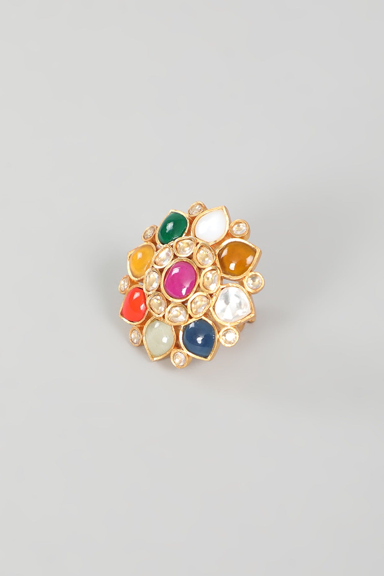 Gold Finish Kundan Polki & Navratna Stone Ring