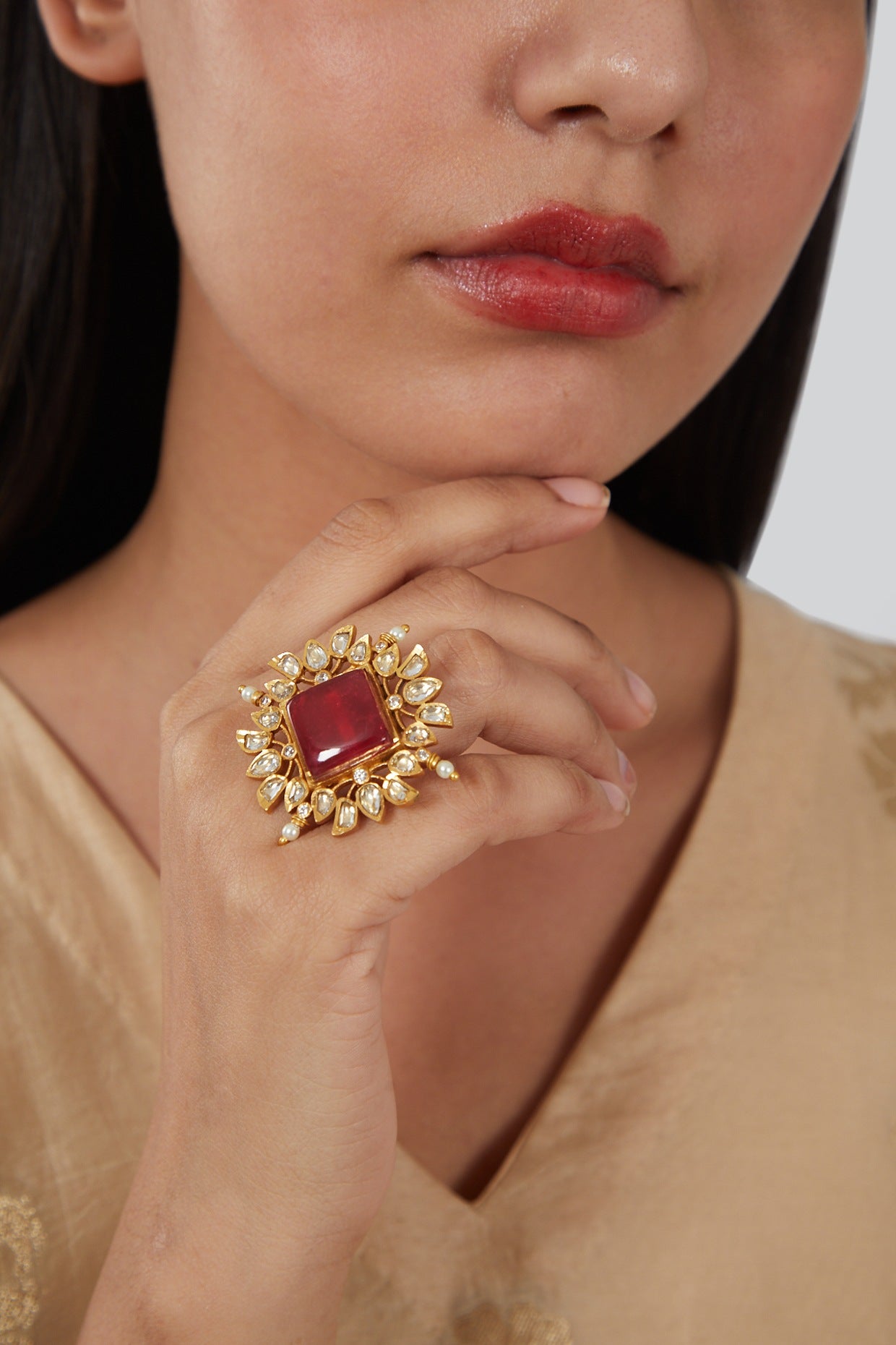 Gold Finish Kundan Polki & Red Stone Ring