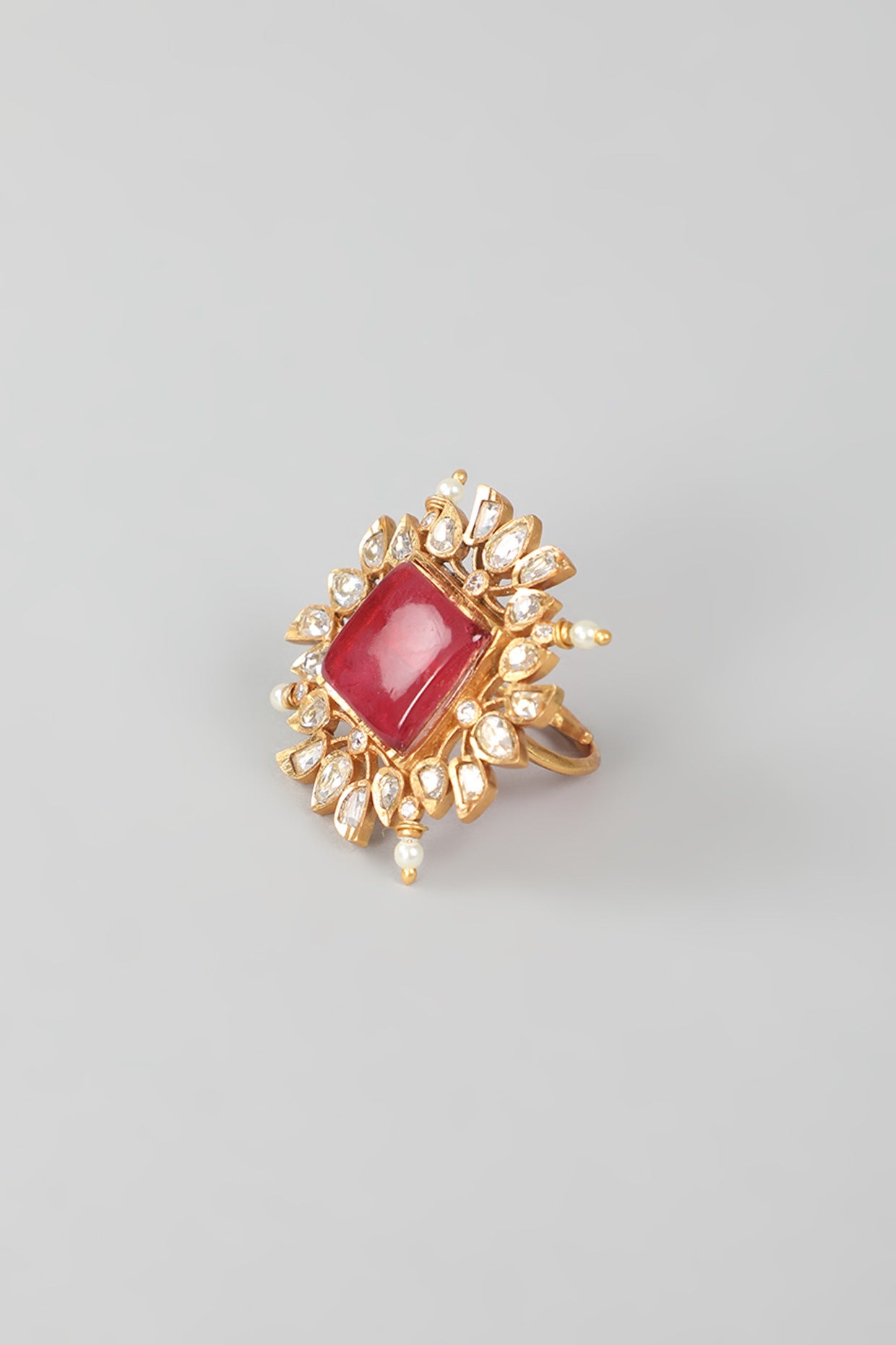 Gold Finish Kundan Polki & Red Stone Ring