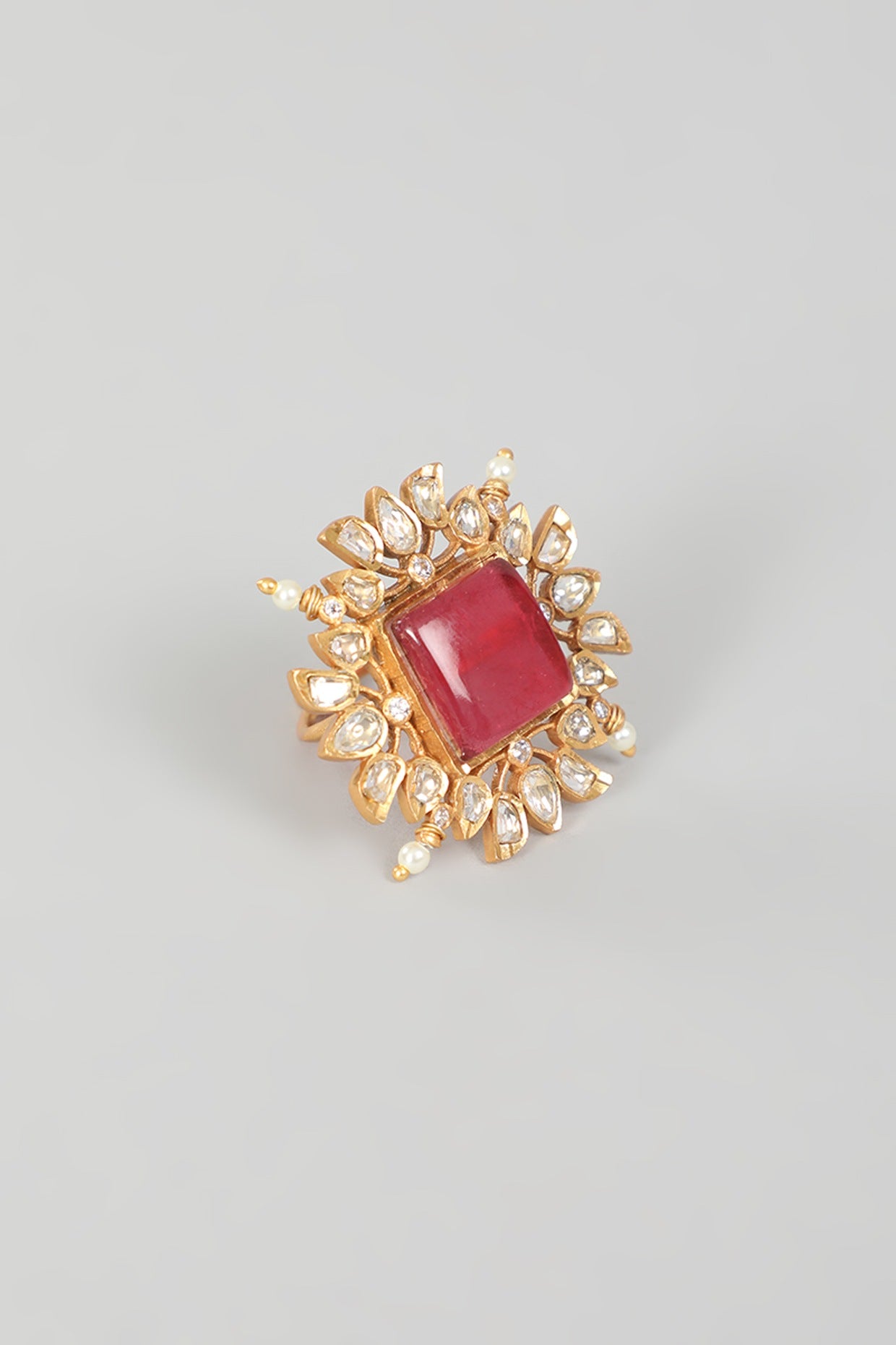 Gold Finish Kundan Polki & Red Stone Ring