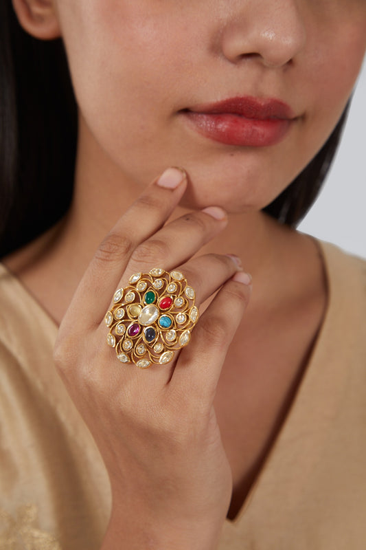 Gold Finish Kundan Polki & Multi-Colored Stone Ring