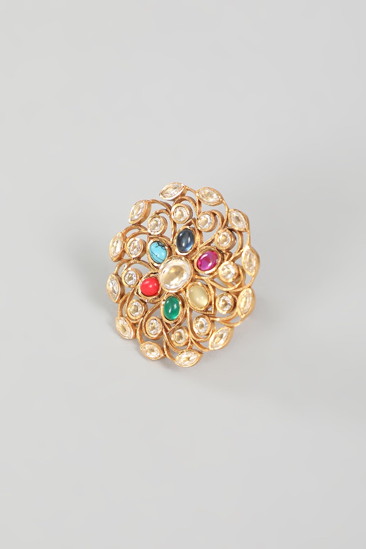 Gold Finish Kundan Polki & Multi-Colored Stone Ring