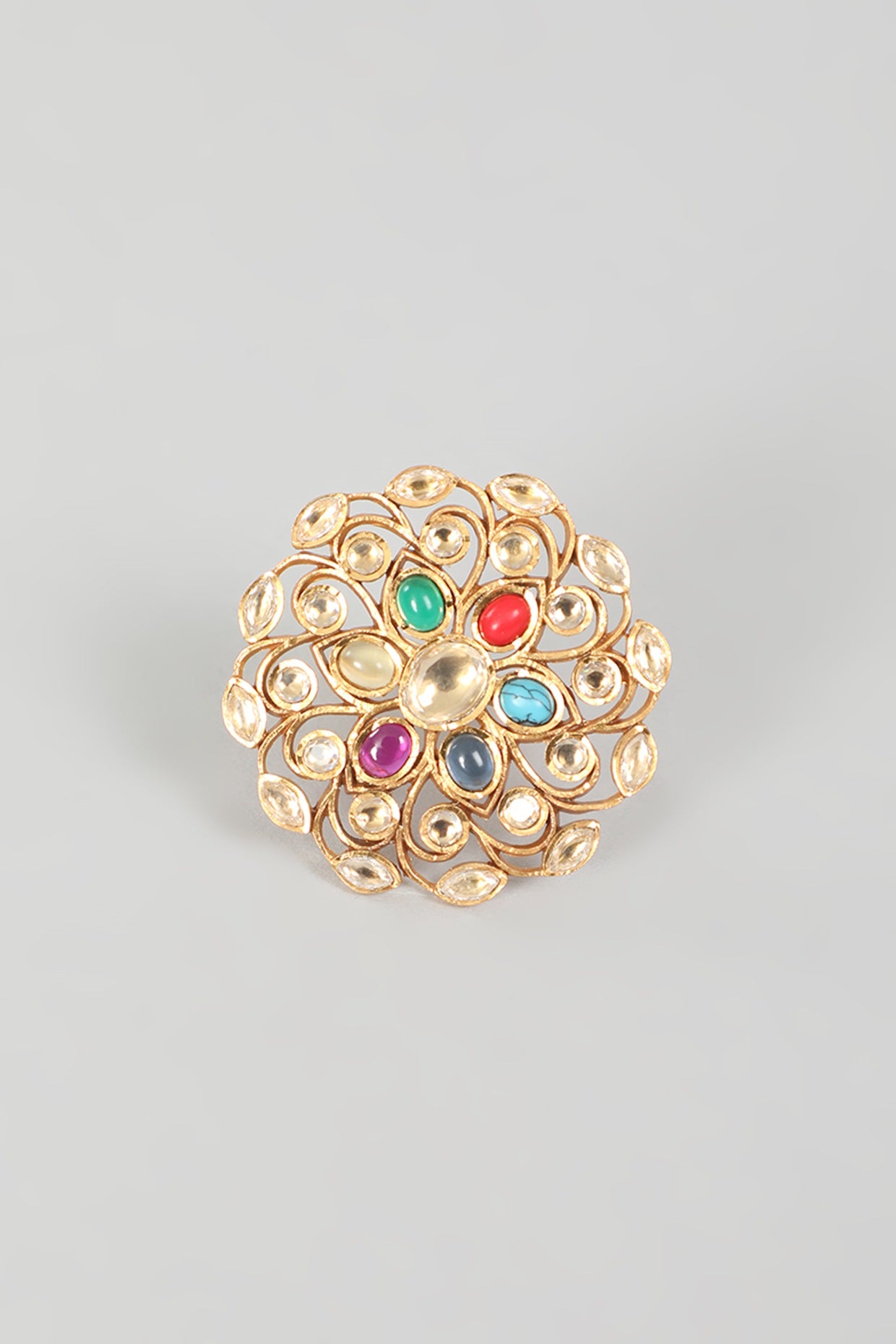 Gold Finish Kundan Polki & Multi-Colored Stone Ring